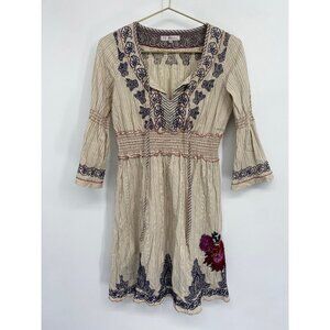 3 J WORKSHOP SMALL BOHO CHIC 3/4 SLEEVE FLORAL EMBROIDERED STRIP BIRDS DRESS